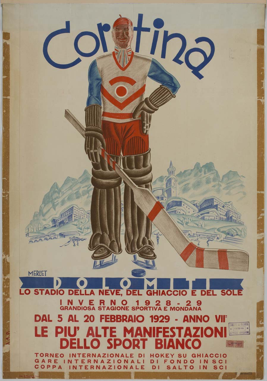 giocatore di hockey in posa sorridente con veduta di Cortina sullo sfondo (manifesto) di Merlet Alexander Erwin (sec. XX)