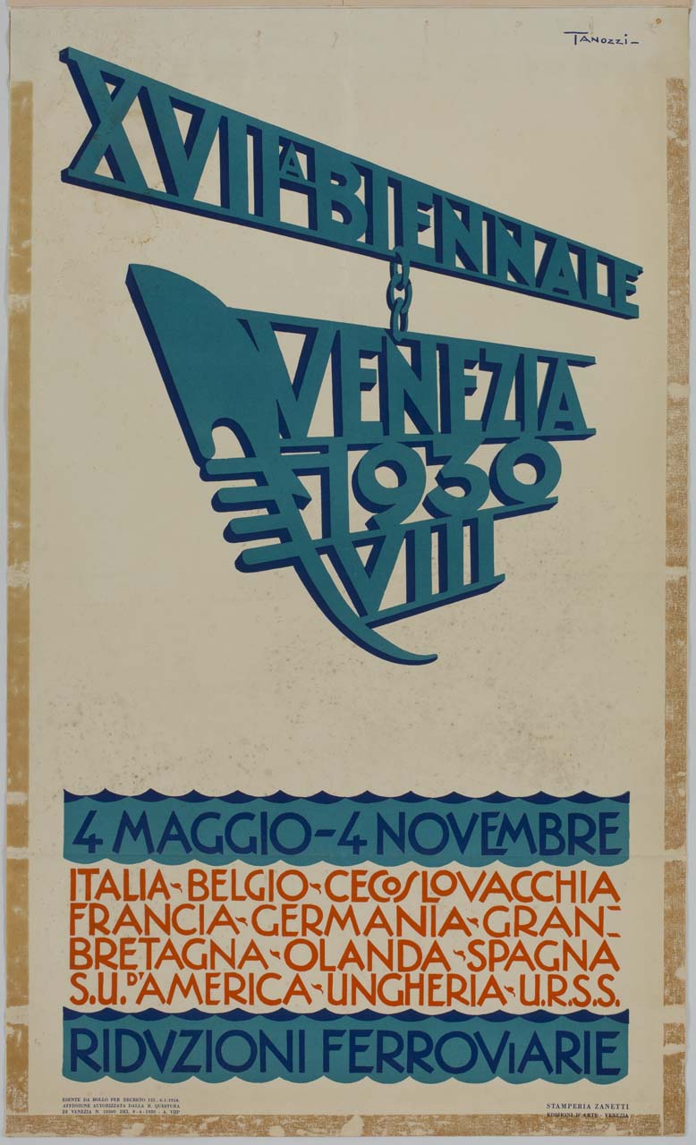 insegna con ferro di prua di gondola sospesa sull'acqua (manifesto) di Tanozzi Gorgon (sec. XX)