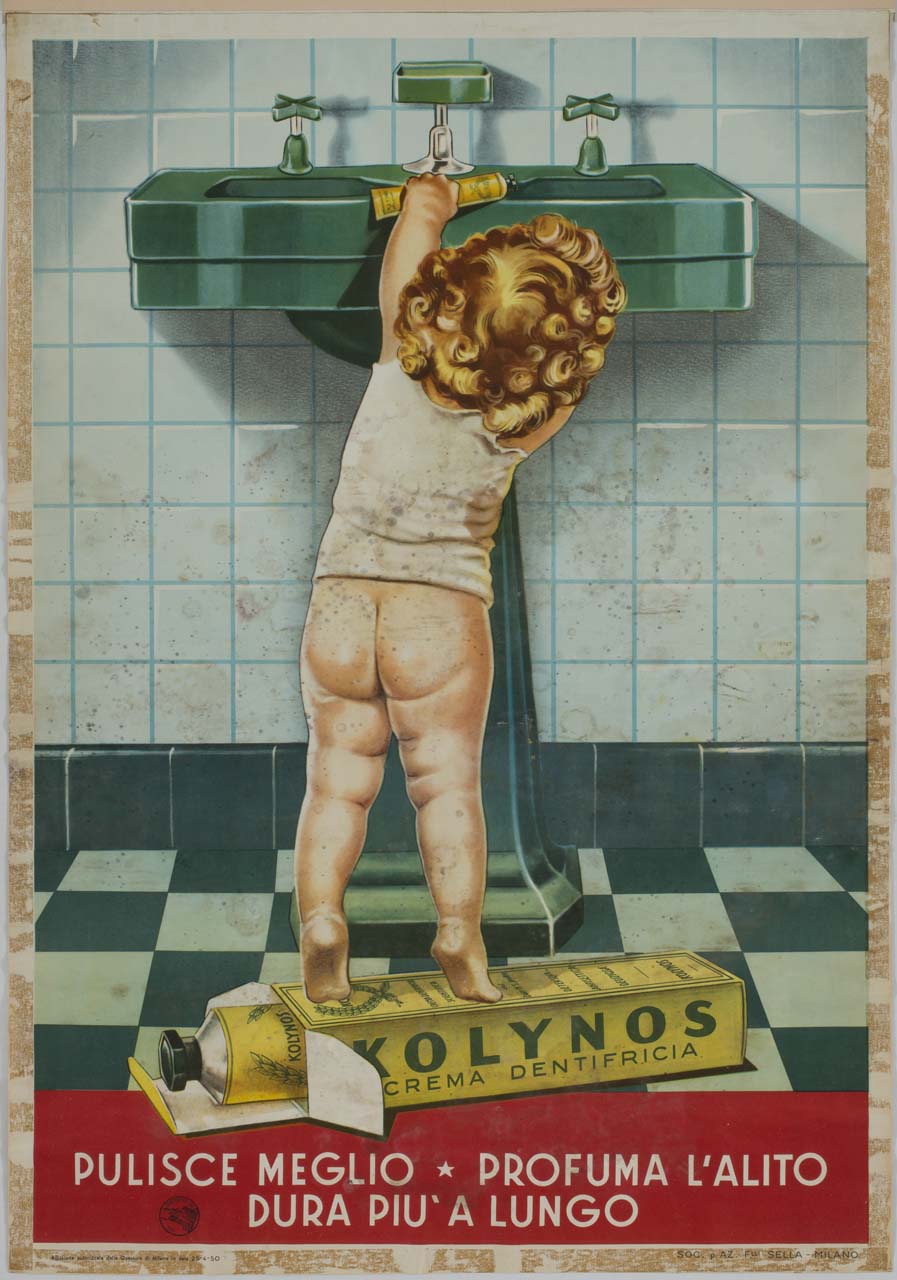 bambino sopra confezione di dentifricio si allunga verso il lavandino con il tubetto in mano (manifesto) - ambito italiano (sec. XX)