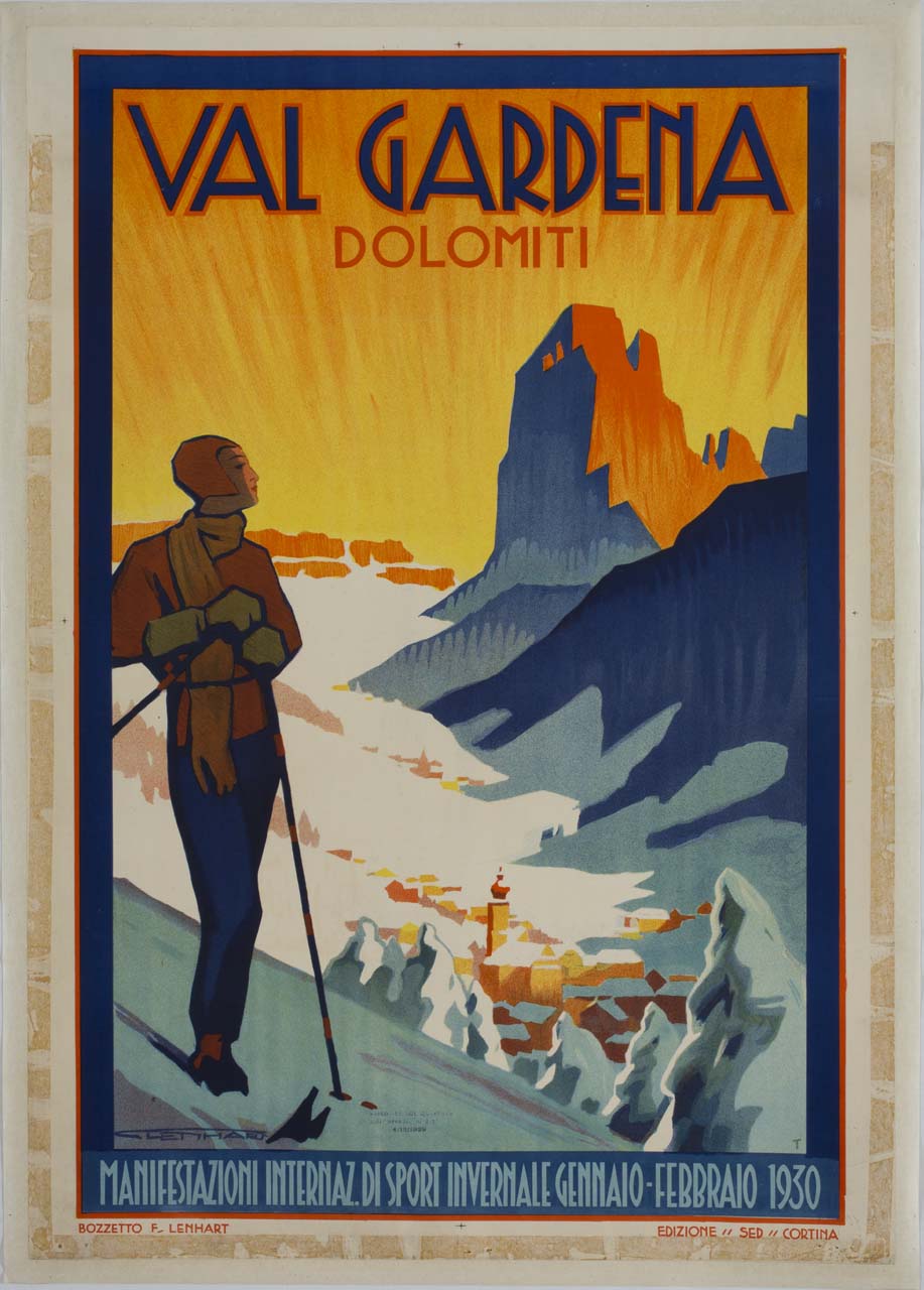 sciatrice ammira il tramonto sulle Dolomiti (manifesto) di Lenhart Franz (sec. XX)
