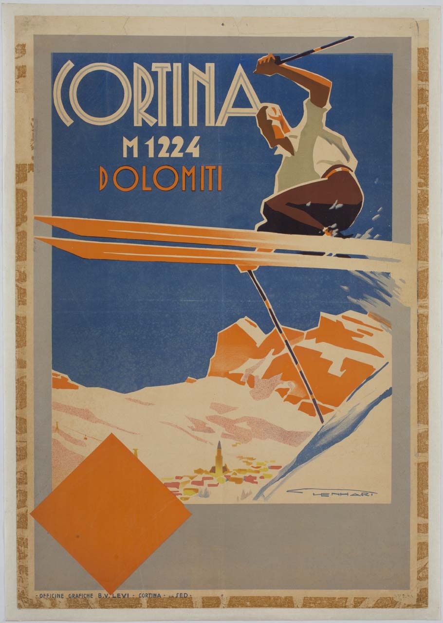 sciatore impegnato in un salto sullo sfondo della valle di Cortina (manifesto) di Lenhart Franz (sec. XX)