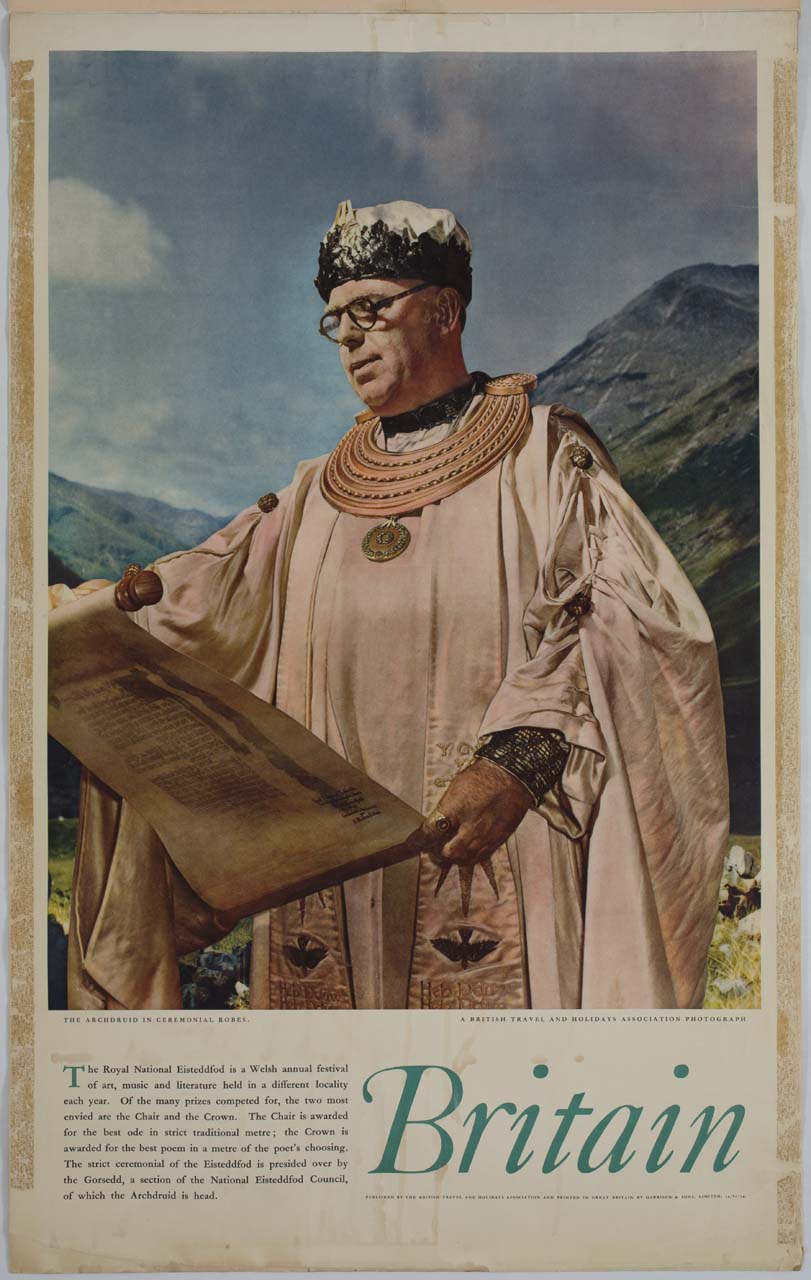 druido legge una pergamena sullo sfondo dei monti (manifesto) - ambito inglese (sec. XX)