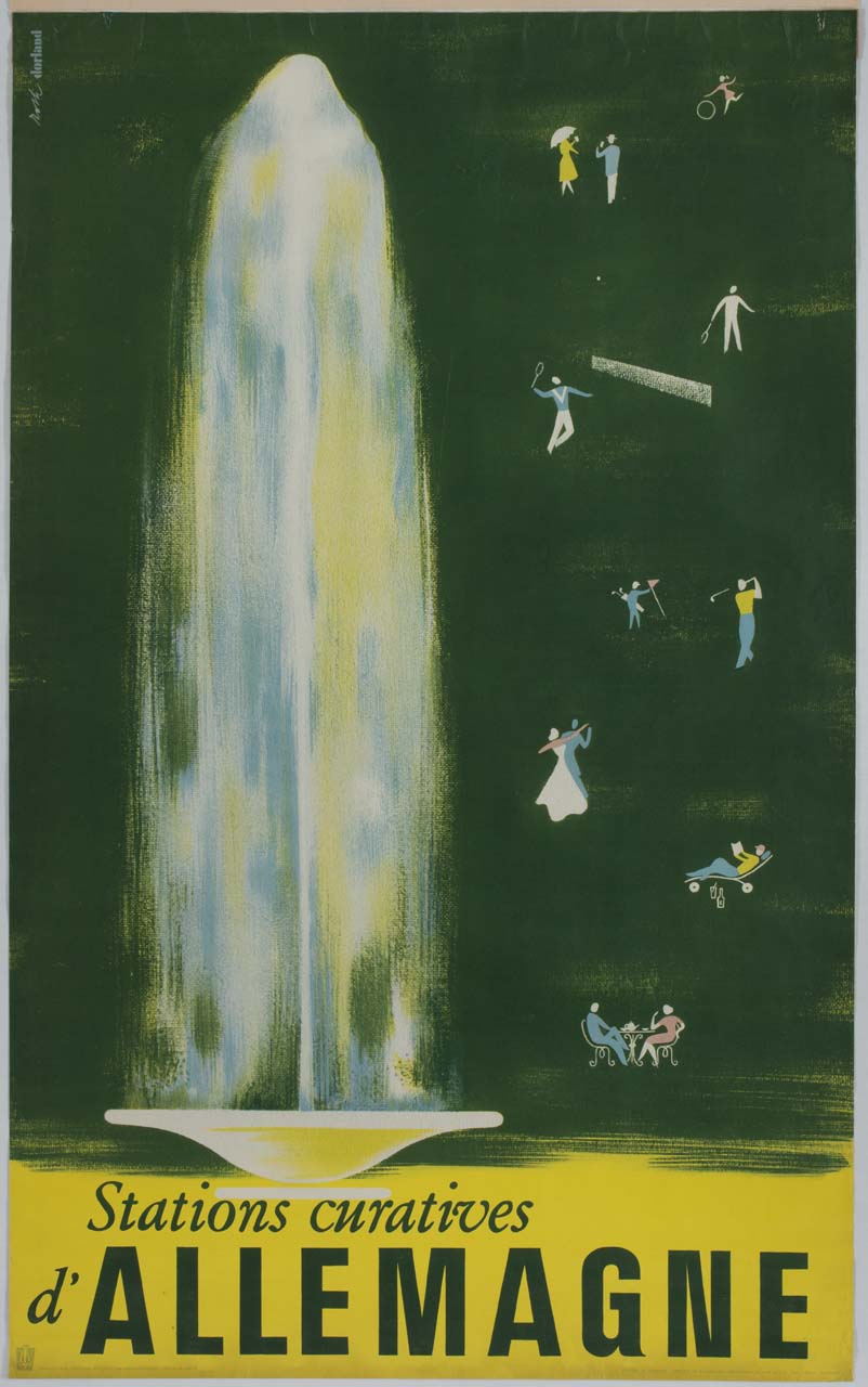 grande fontana e uomini impegnati in attività ricreative (manifesto) di Roth Richard, Dorland Studio (sec. XX)