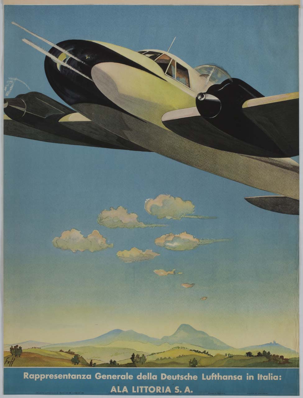 aeroplano in volo su un paesaggio collinare (manifesto) di Fuss (Fuß) Albert (sec. XX)