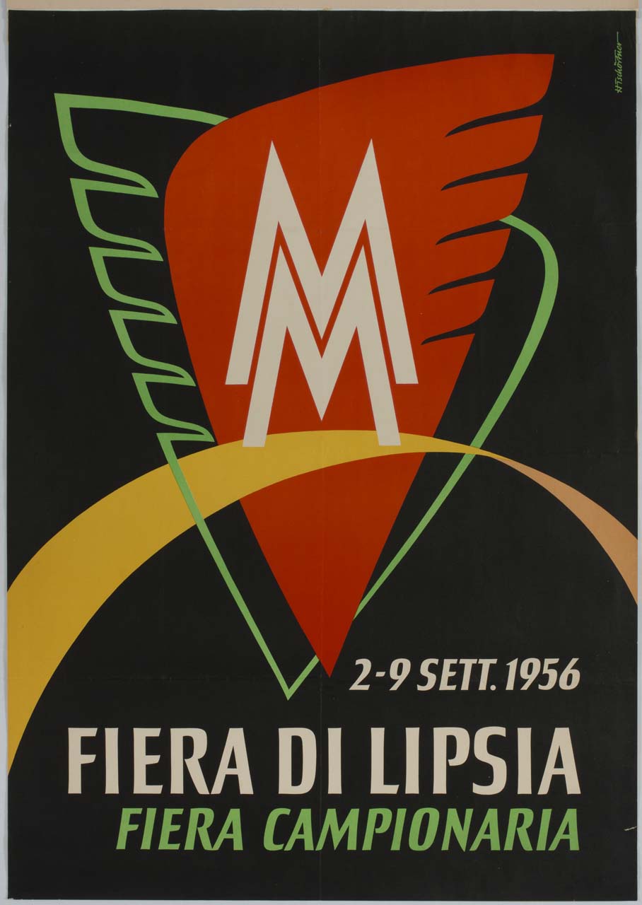logo della fiera di Lipsia entro ali stilizzate sovrapposte attraversate da un arco (manifesto) di Tschörtner Hellmuth (sec. XX)