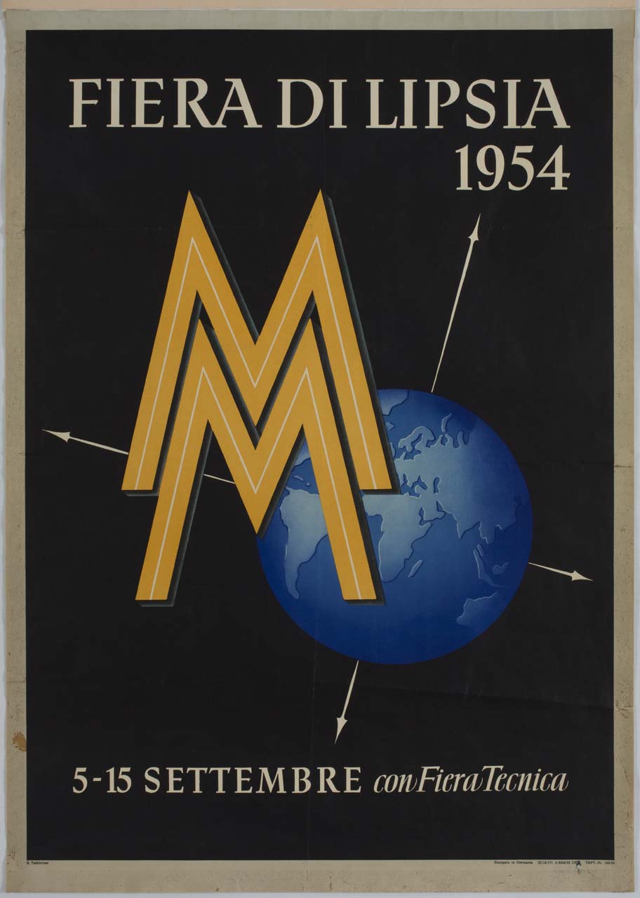 globo e assi terrestri con doppia M (manifesto) di Tschörtner Hellmuth (sec. XX)