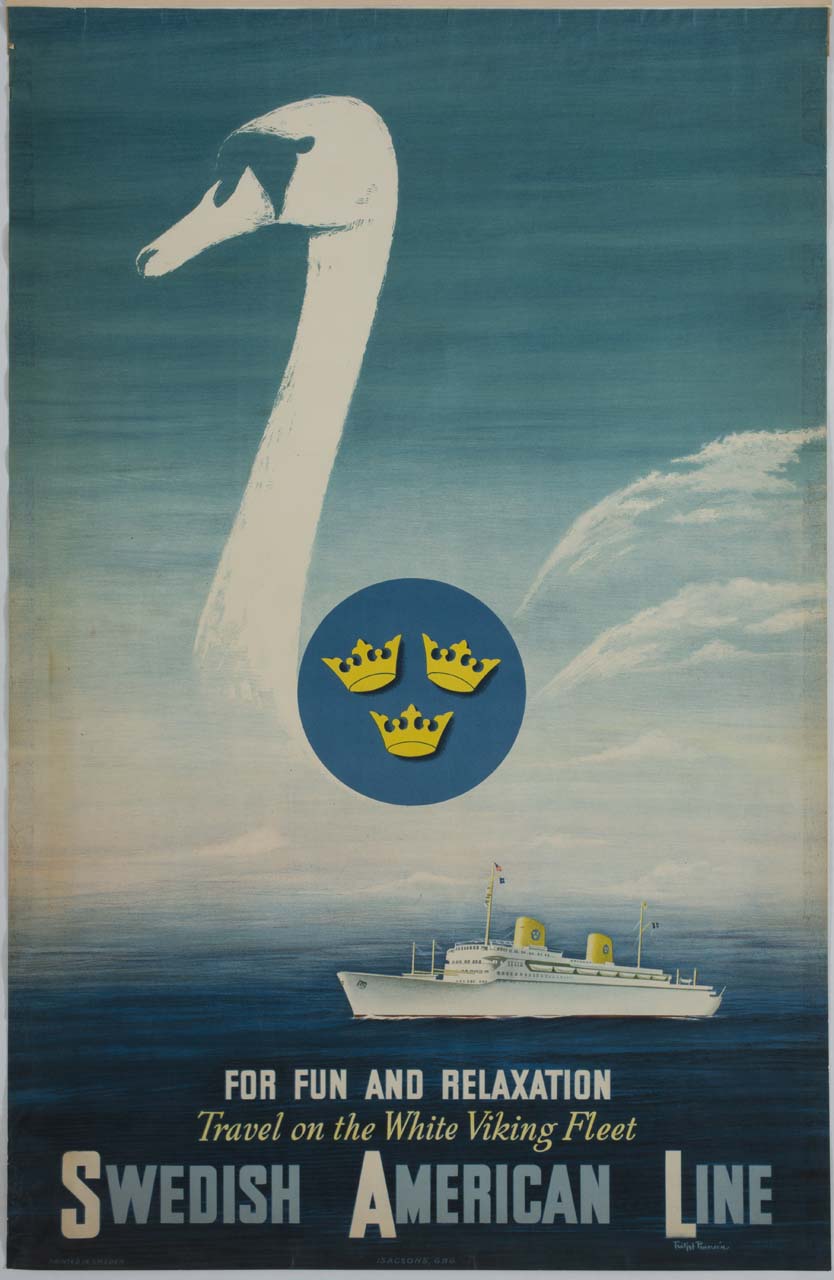 nave da crociera in mare aperto e cigno con simbolo nazionale svedese (manifesto) di Pedersén Fritjof (sec. XX)