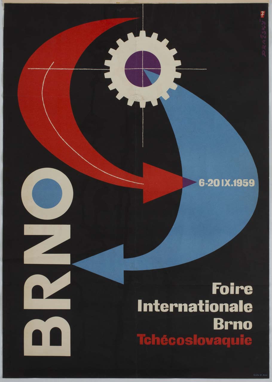 ruota dentata e frecce nei colori della bandiera cecoslovacca (manifesto) di Prazsky Adolf (sec. XX)