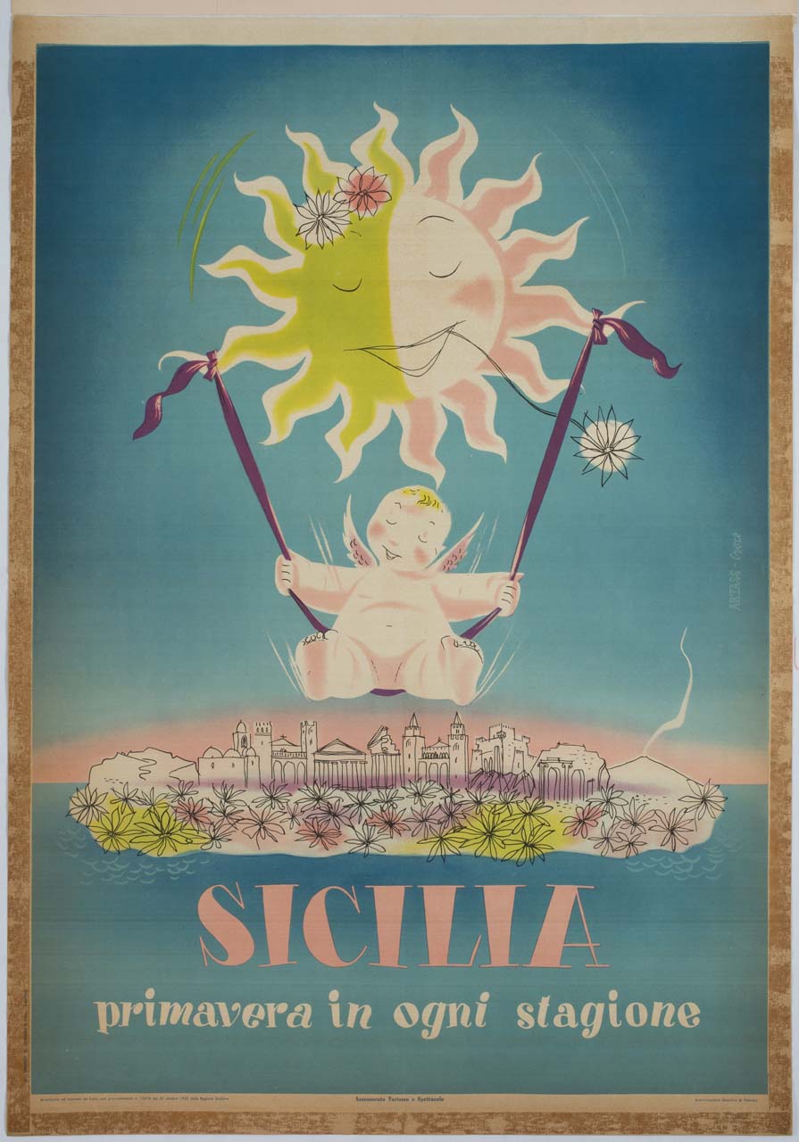 putto si culla su un nastro legato ai raggi del sole sopra l'isola di Sicilia fiorita (manifesto) di Studio Artass Croce (sec. XX)