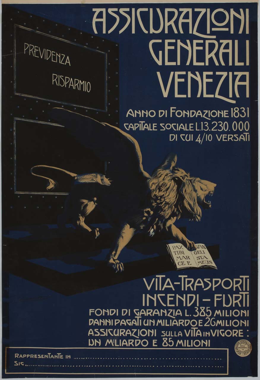 leone di San Marco difende la cassa di previdenza e risparmio (manifesto) di Chiurlotto Ferruccio detto Fez (sec. XX)