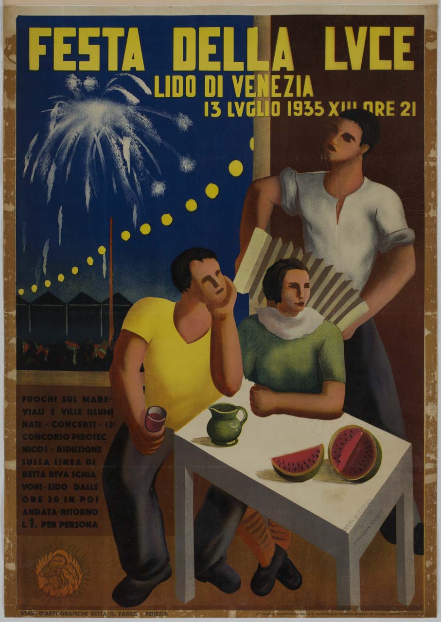 due uomini e una donna durante una festa al lido di Venezia (manifesto) di Artico Mirko (sec. XX)