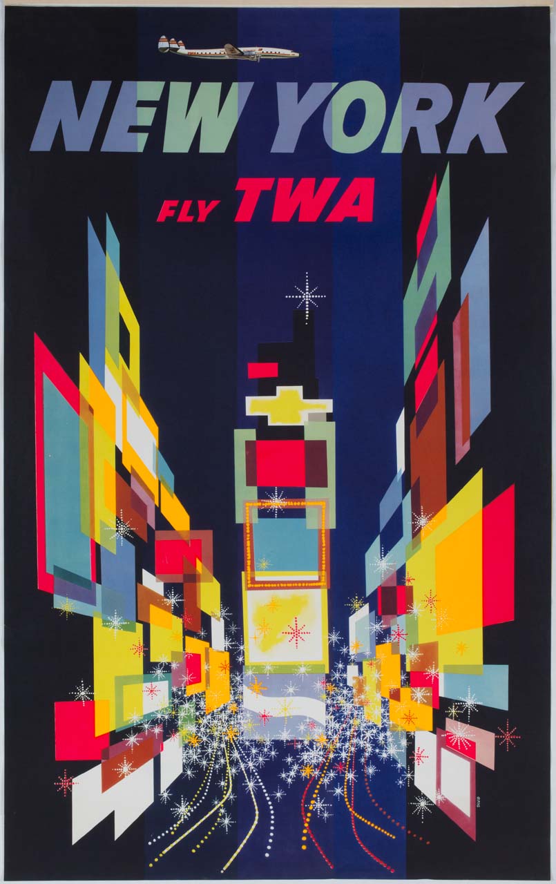 campi grafici disegnano un veduta notturna di New York sorvolata da un areoplano (manifesto) di Klein David (sec. XX)