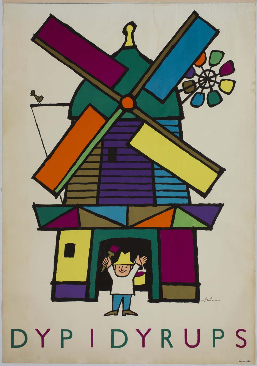 uomo alza felice pennello e secchio di colore davanti a un mulino a vento (manifesto) di Antoni Ib (sec. XX)