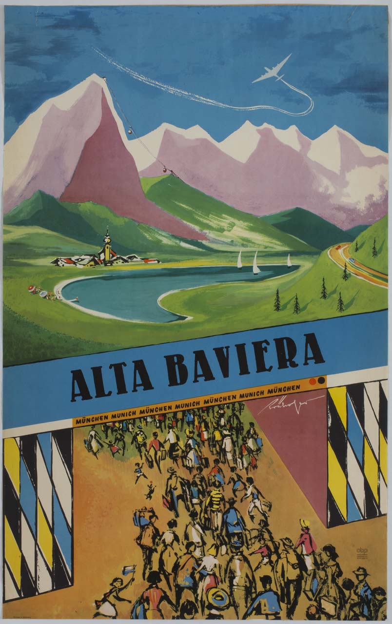 paesaggio bavarese verso cui si dirige a piedi una folla di turisti (manifesto) di Raühagen (?) - ambito tedesco (sec. XX)