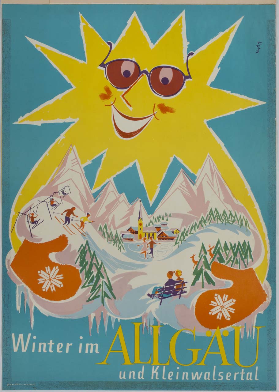 sole sorridente abbraccia una vallata con turisti (manifesto) di Horjule - ambito tedesco (sec. XX)