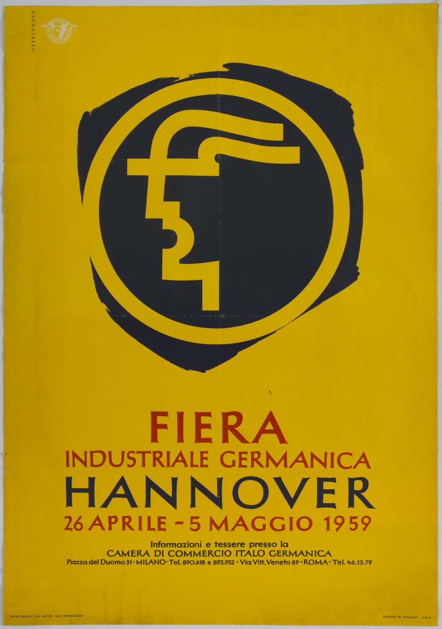 logo della fiera di Hannover con testa di Mercurio stilizzata di profilo (manifesto) di Oberländer - ambito tedesco (sec. XX)