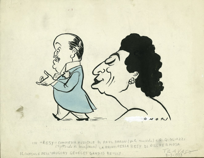 Il console dell'Uruguay e la principessa Villahermosa (disegno, opera isolata) di Onorato Umberto (attribuito) - ambito italiano (sec. XX)
