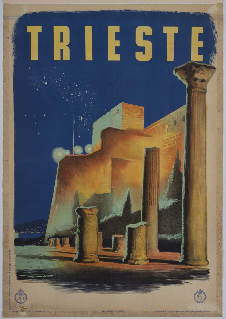 colonne sullo sfondo della veduta del castello di San Giusto a Trieste (manifesto) di Lenhart Franz (sec. XX)