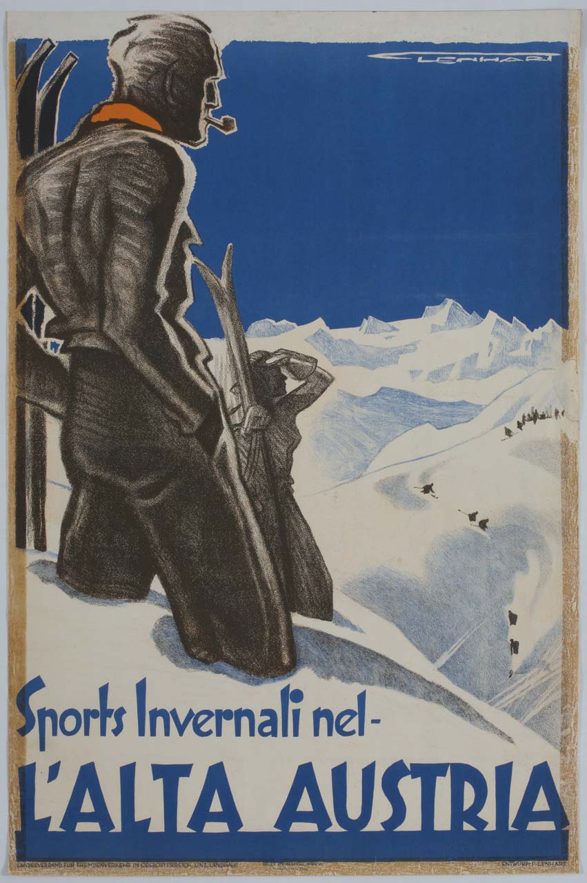 sciatori in riposo osservano le montagne innevate (manifesto) di Lenhart Franz (sec. XX)