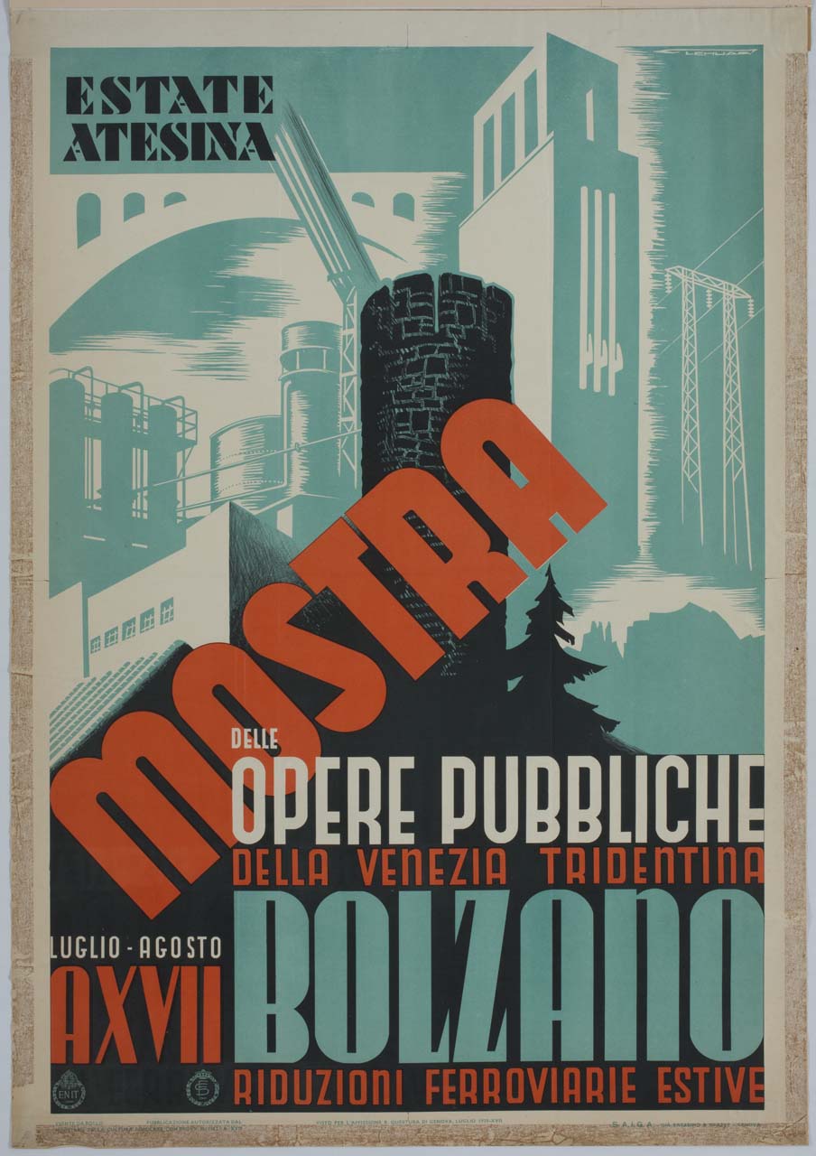 antica torre merlata sullo sfondo di opere pubbliche (manifesto) di Lenhart Franz (sec. XX)