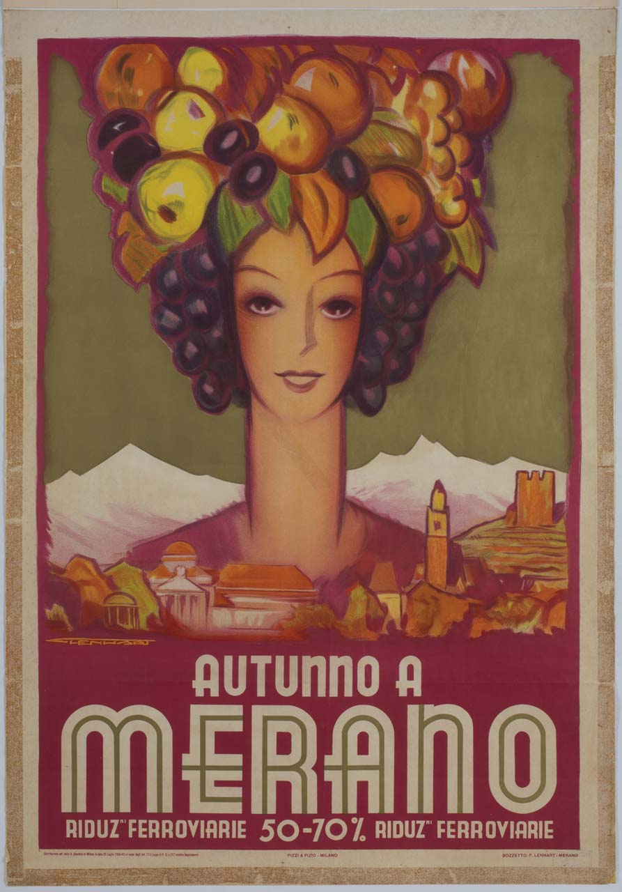 testa di donna con frutta e veduta di Merano (manifesto) di Lenhart Franz (sec. XX)