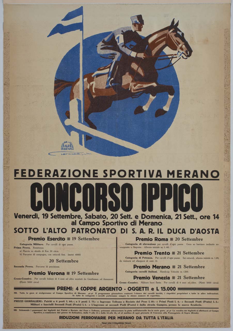 fantino a cavallo salta un ostacolo con bandierina (manifesto) di Lenhart Franz (sec. XX)