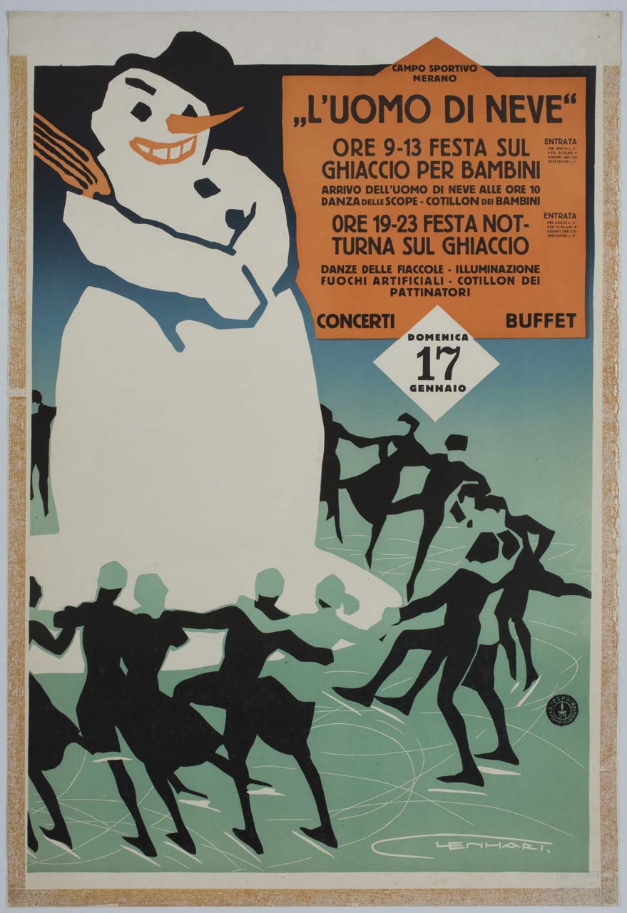 pattinatori su ghiaccio attorno ad un pupazzo di neve (manifesto) di Lenhart Franz (sec. XX)
