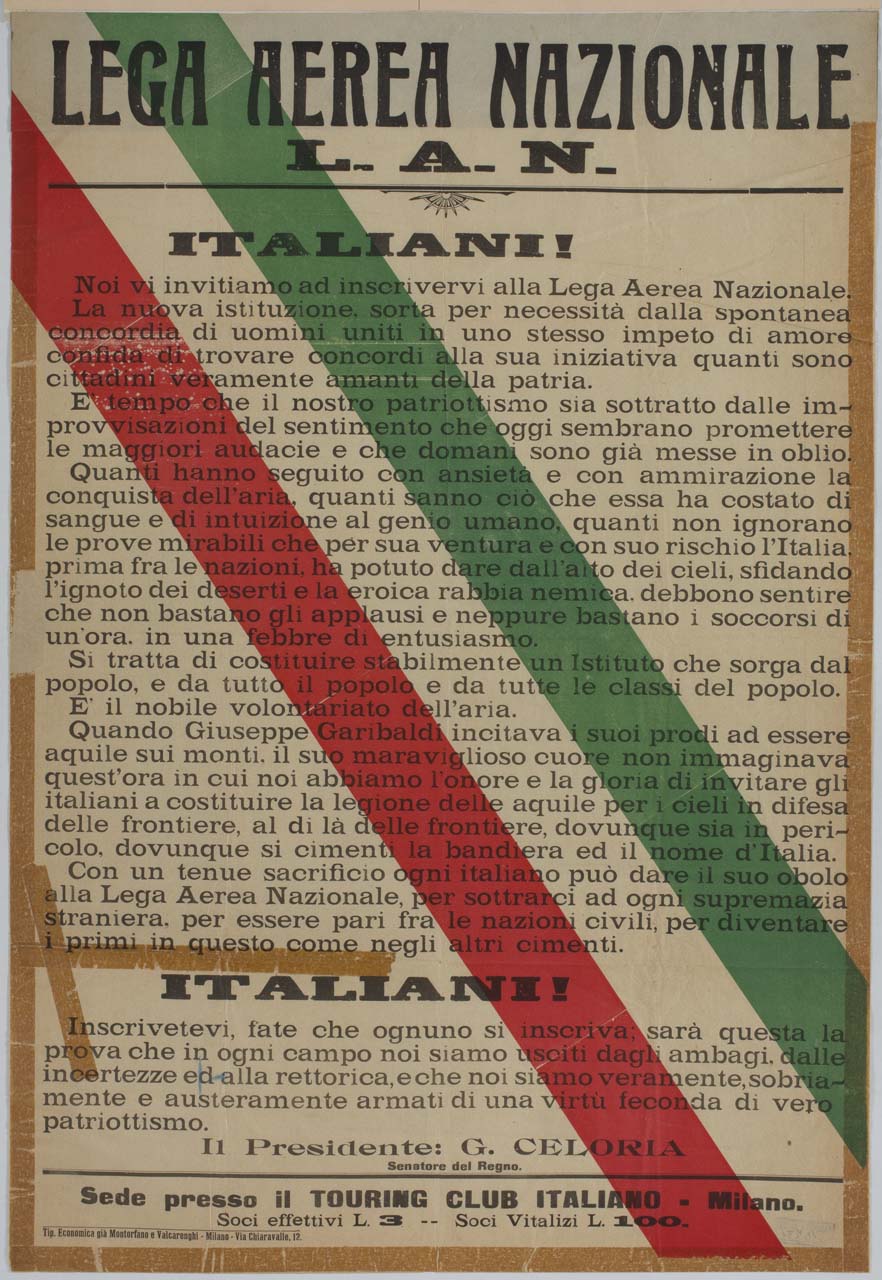 scritte su fondo bianco con fascia diagonale tricolore (manifesto) - ambito lombardo (primo quarto sec. XX)