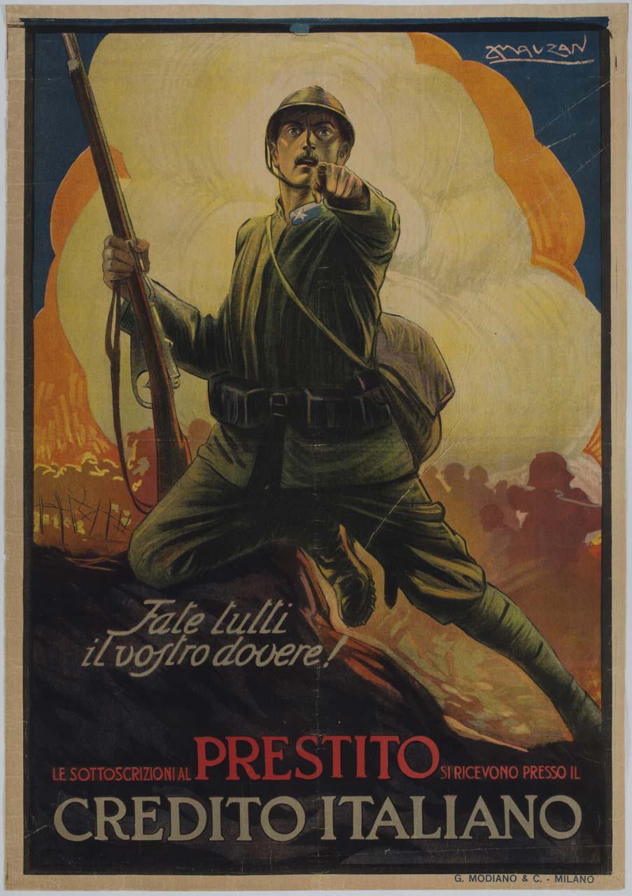 soldato armato in campo di battaglia addita l'osservatore (manifesto) di Mauzan Achille Luciano (sec. XX)