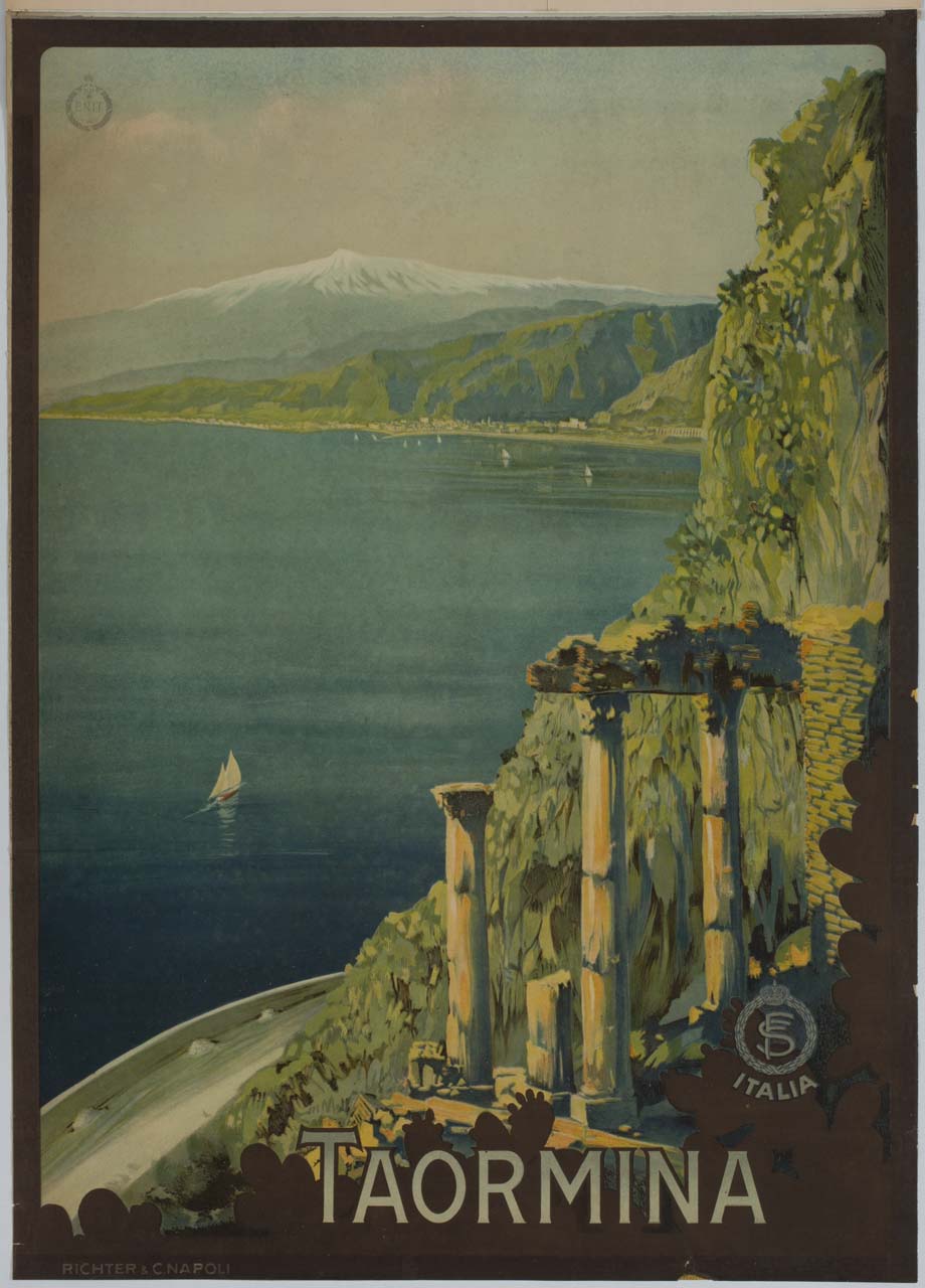 veduta del Mar Ionio con Taormina e l'Etna (manifesto) di Borgoni Mario (primo quarto sec. XX)