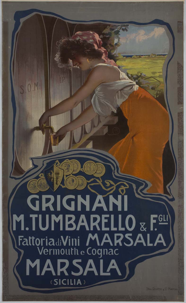 donna riempie bicchiere di marsala da una botte (manifesto) di Borgoni Mario (primo quarto sec. XX)