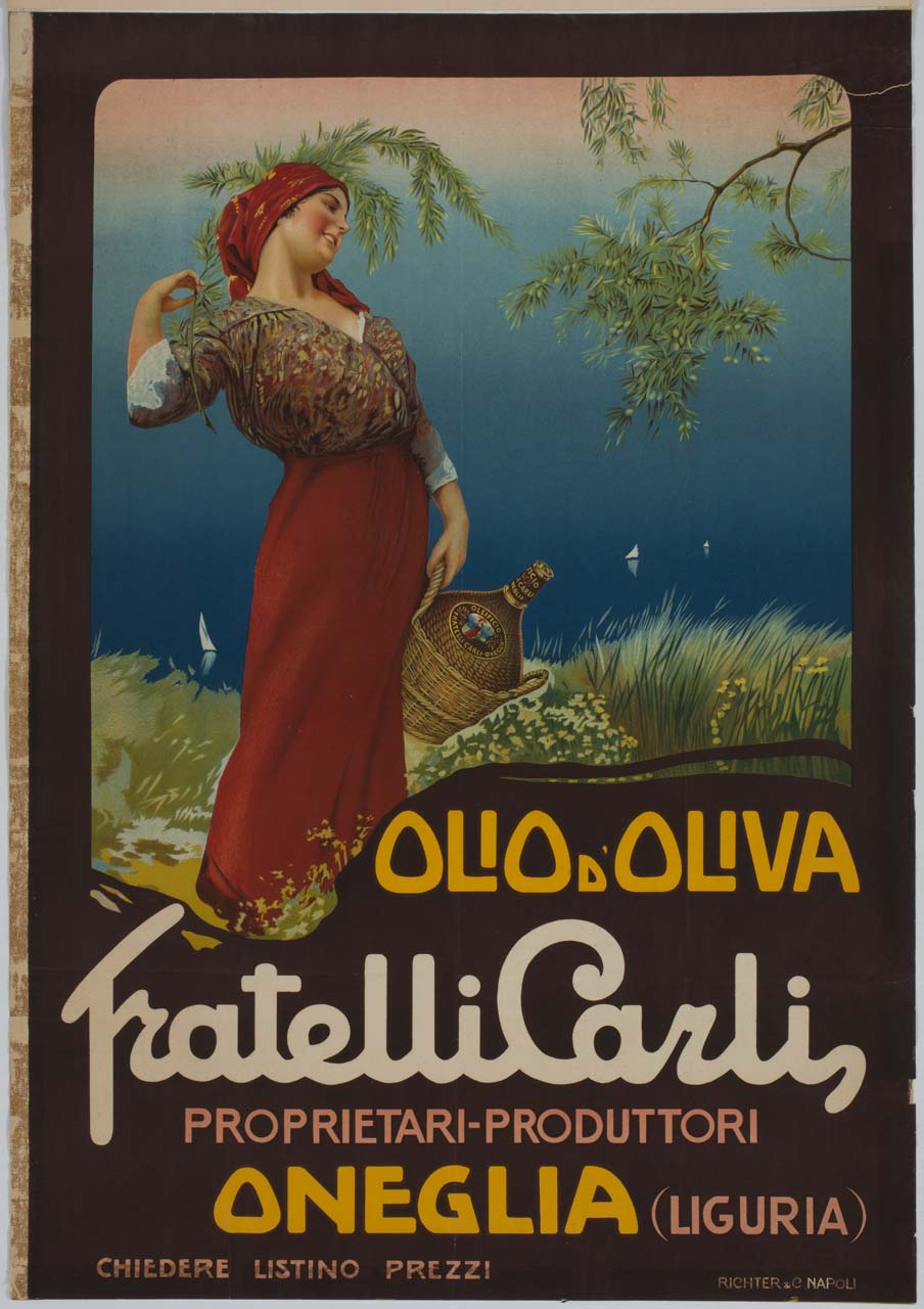 contadina sorregge una damigiana d'olio (manifesto) - ambito italiano (sec. XX)