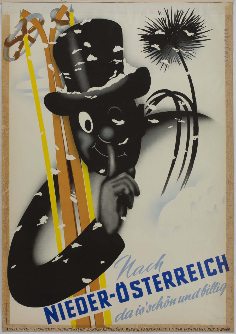 spazzacamino con sci e bastoni da sci (manifesto) di Gamsjager Sepp (sec. XX)