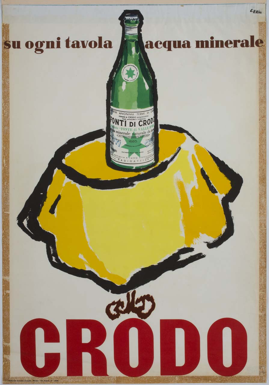bottiglia di acqua minerale su tavolino con tovaglia gialla (manifesto) di Brini Ercole (sec. XX)