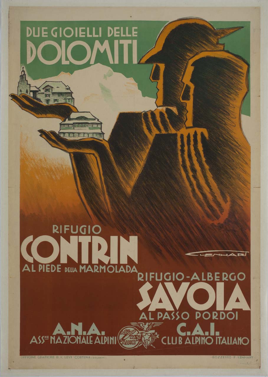 alpino e alpinista reggono rifugi dolomitici in miniatura sul palmo delle mani (manifesto) di Lenhart Franz (sec. XX)