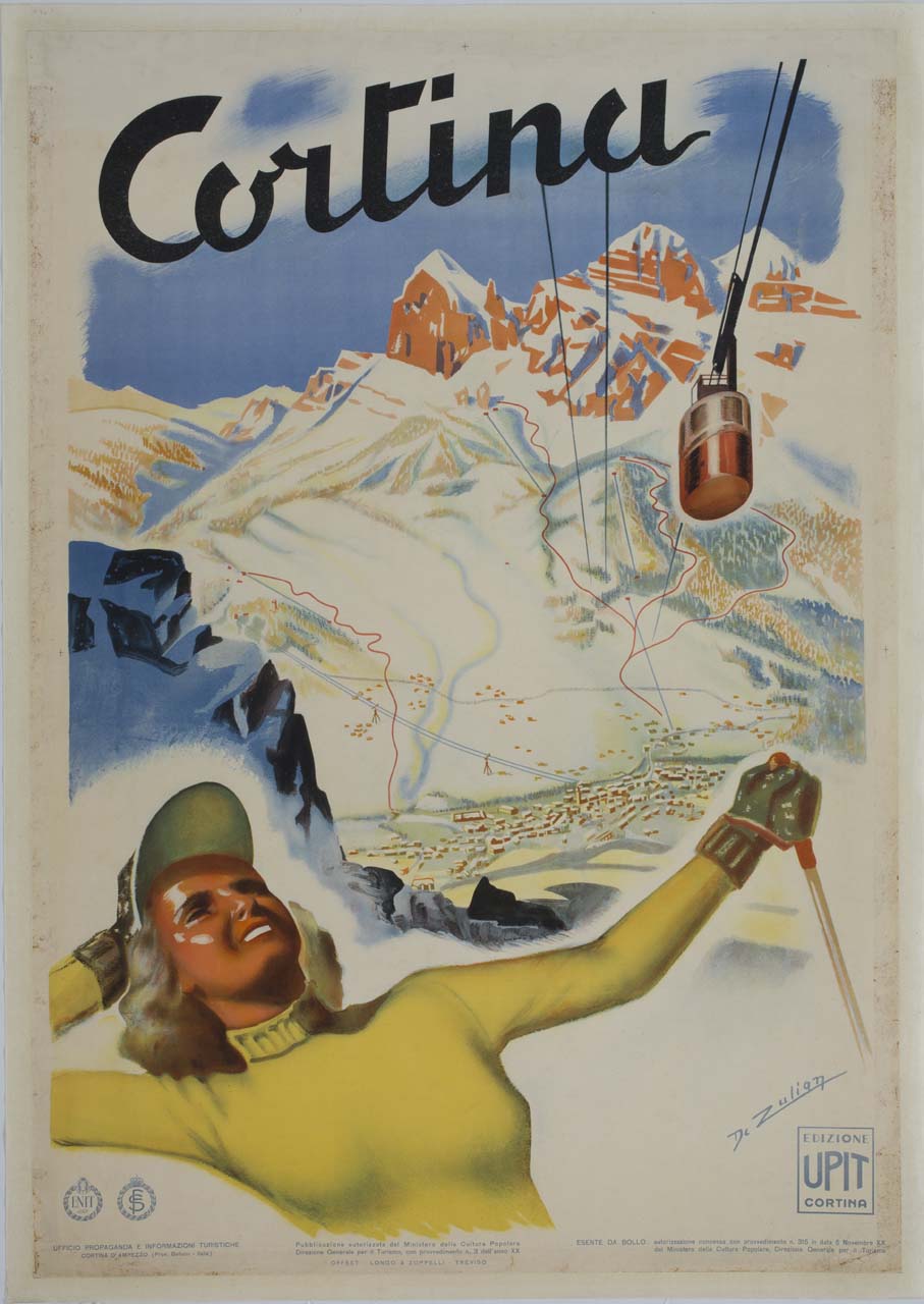sciatrice che prende il sole sulla montagna in vista di Cortina (manifesto) di De Zulian Carlo (sec. XX)