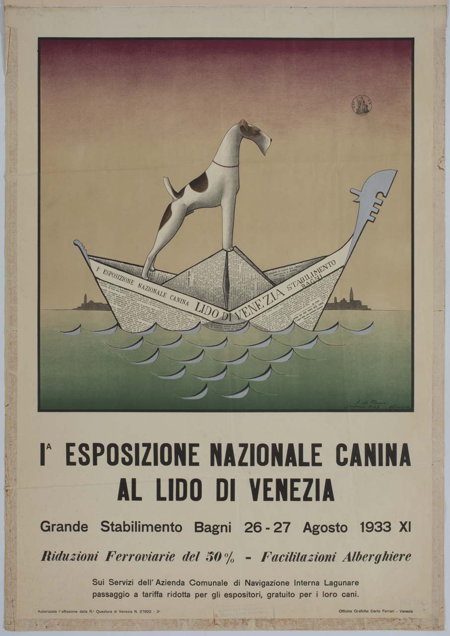 cane su una barchetta di carta sullo sfondo di Venezia (manifesto) di De Maria Astolfo (sec. XX)