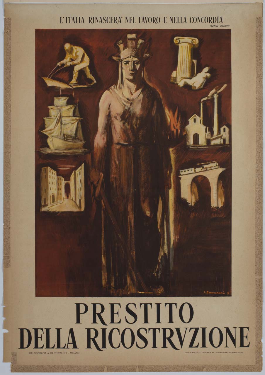 personificazione dell'Italia e simboli di ricostruzione (manifesto) di Brancaccio Giovanni (sec. XX)