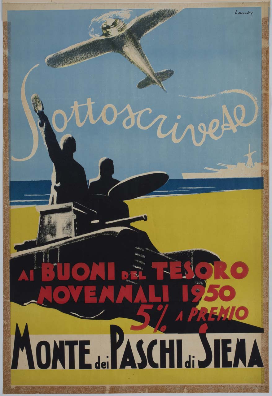 carro armato con due soldati, aereo e nave da guerra in un paesaggio marino (manifesto) di Landi Angelo Maria (sec. XX)
