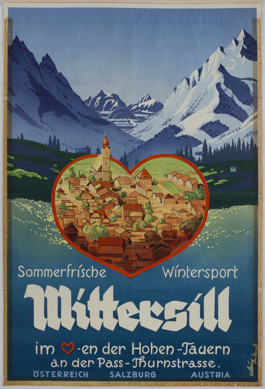 paese entro un cuore tra le montagne (manifesto) di Götting - ambito austriaco (metà sec. XX)