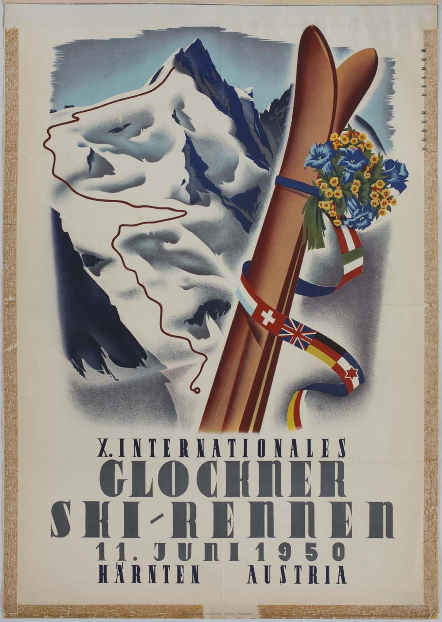 montagna con un paio di sci uniti da un nastro con bandiere mondiali e mazzetto di fiori (manifesto) di Ebner Heinrich (sec. XX)