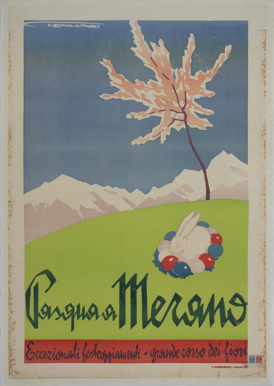 coniglio con uova colorate in un prato con albero e montagne (manifesto) di Lenhart Franz (sec. XX)