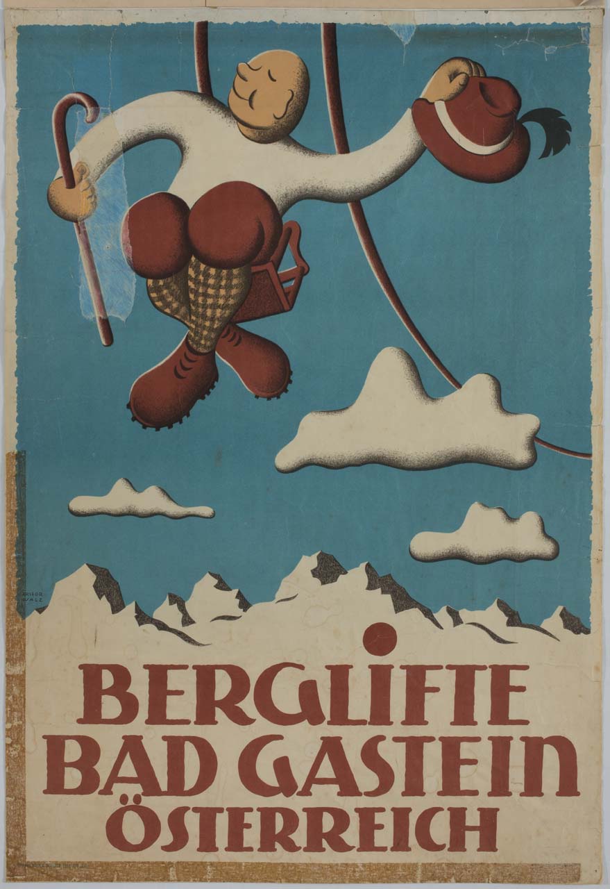 uomo con bastone e cappello sulla seggiovia (manifesto) di Walz Friedr - ambito austriaco (metà sec. XX)