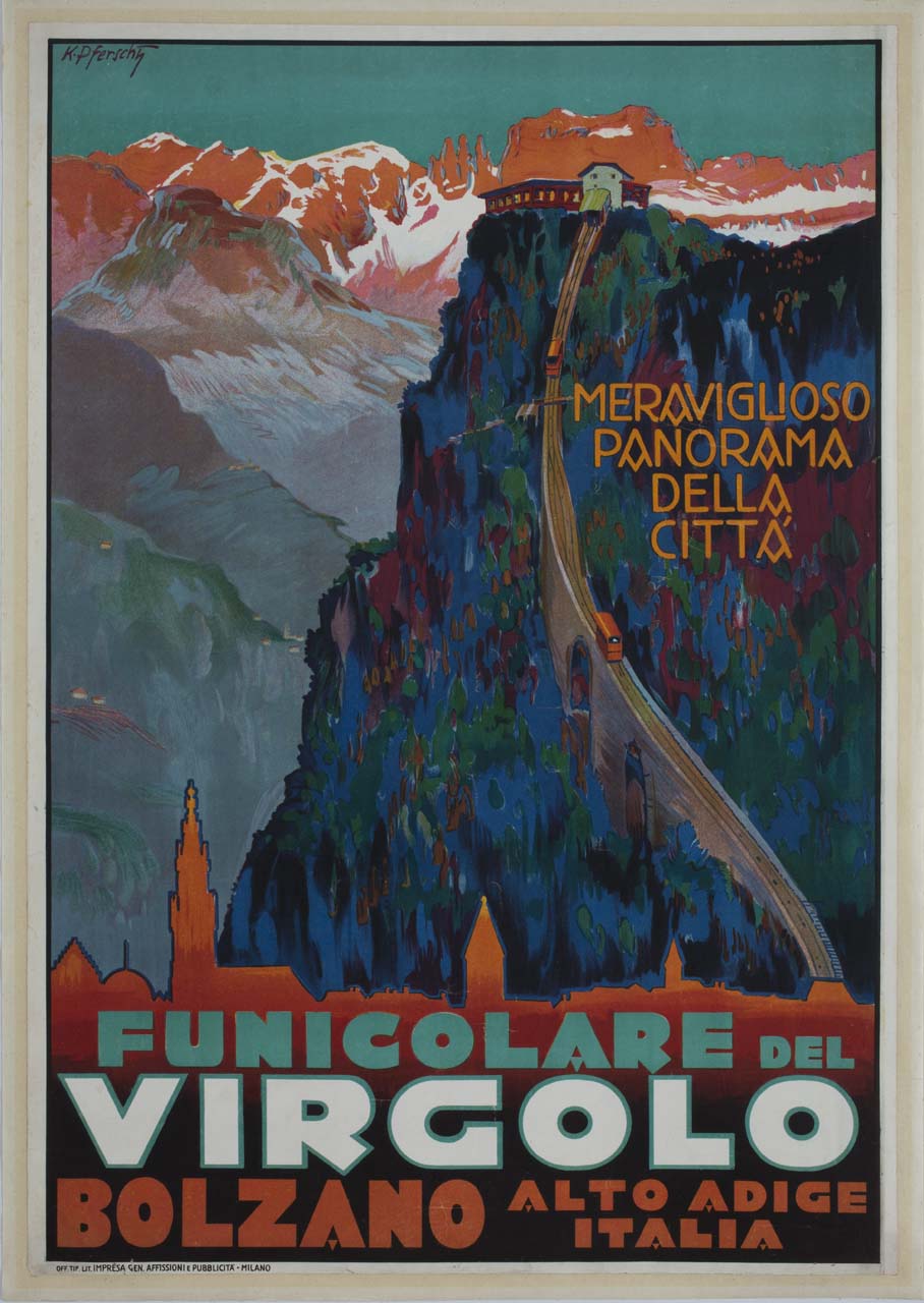 paesaggio montano con funicolare (manifesto) di Pferschy Karl (sec. XX)