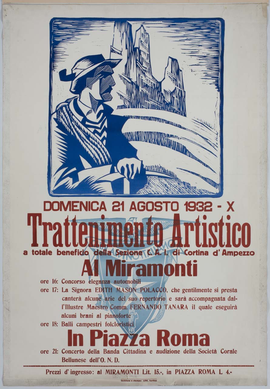 figura maschile con corda e piccozza sullo sfondo di una montagna (manifesto) - ambito italiano (sec. XX)