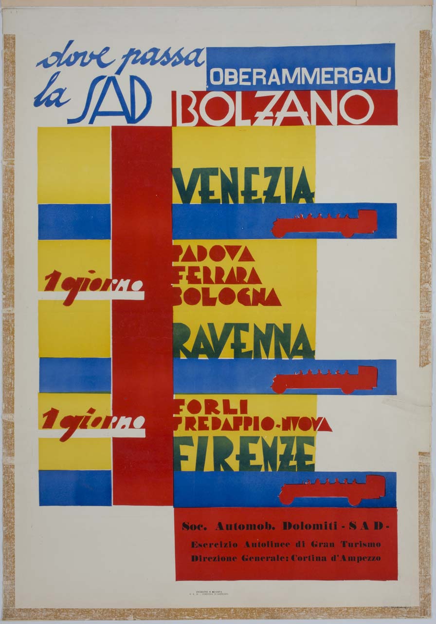 scritte pubblicitarie con tre autobus inseriti in rettangoli colorati (manifesto) - ambito italiano (secondo quarto sec. XX)