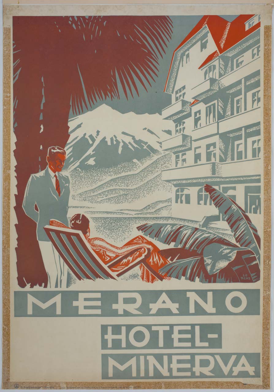 coppia conversa nel giardino dell'Hotel Minerva di Merano (manifesto) di Lorenz Josef Julius (sec. XX)