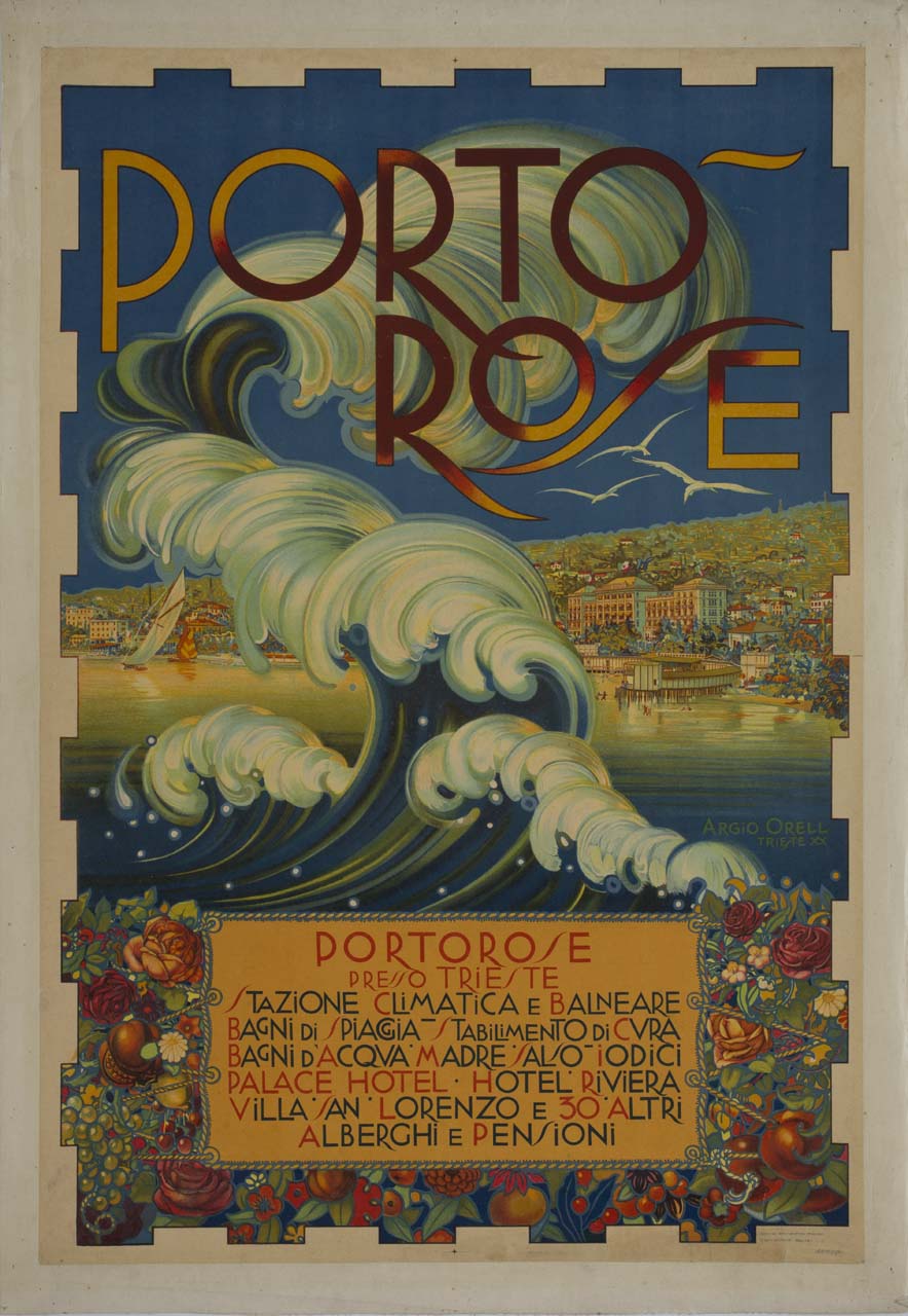 veduta di Portorose e motivo decorativo con onde fiori e frutta (manifesto) di Orell Argio (sec. XX)