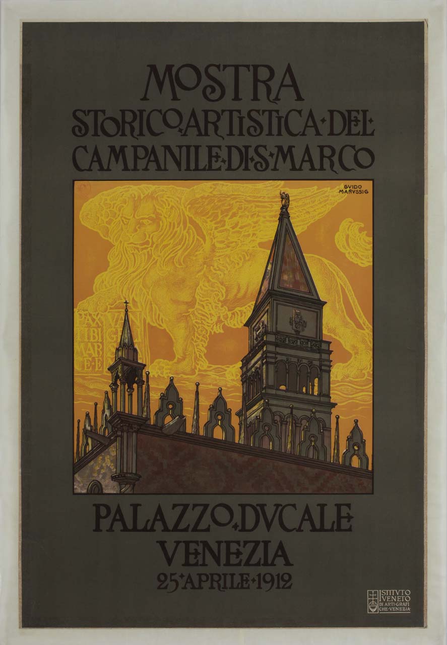veduta del campanile di san Marco con leone marciano sullo sfondo (manifesto) di Marussig Guido (sec. XX)