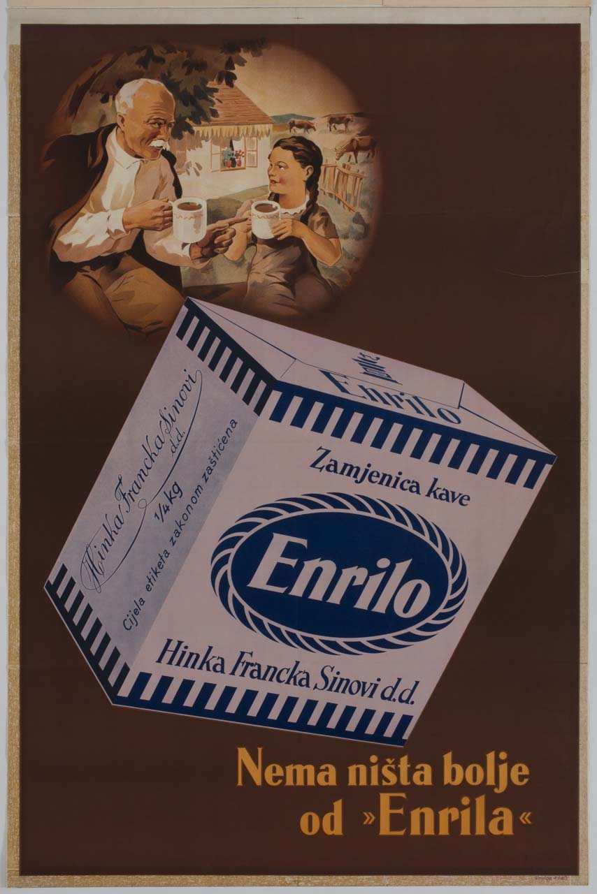 scatola di surrogato di caffè e uomo con bambina con una tazza in mano sullo sfondo di una fattoria (manifesto) - ambito slavo (sec. XX)